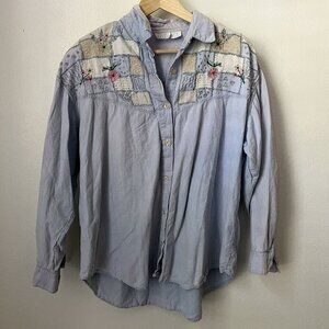 Vtg chambray embroidered patchwork floral womens long sleeve cottagecore top 20W